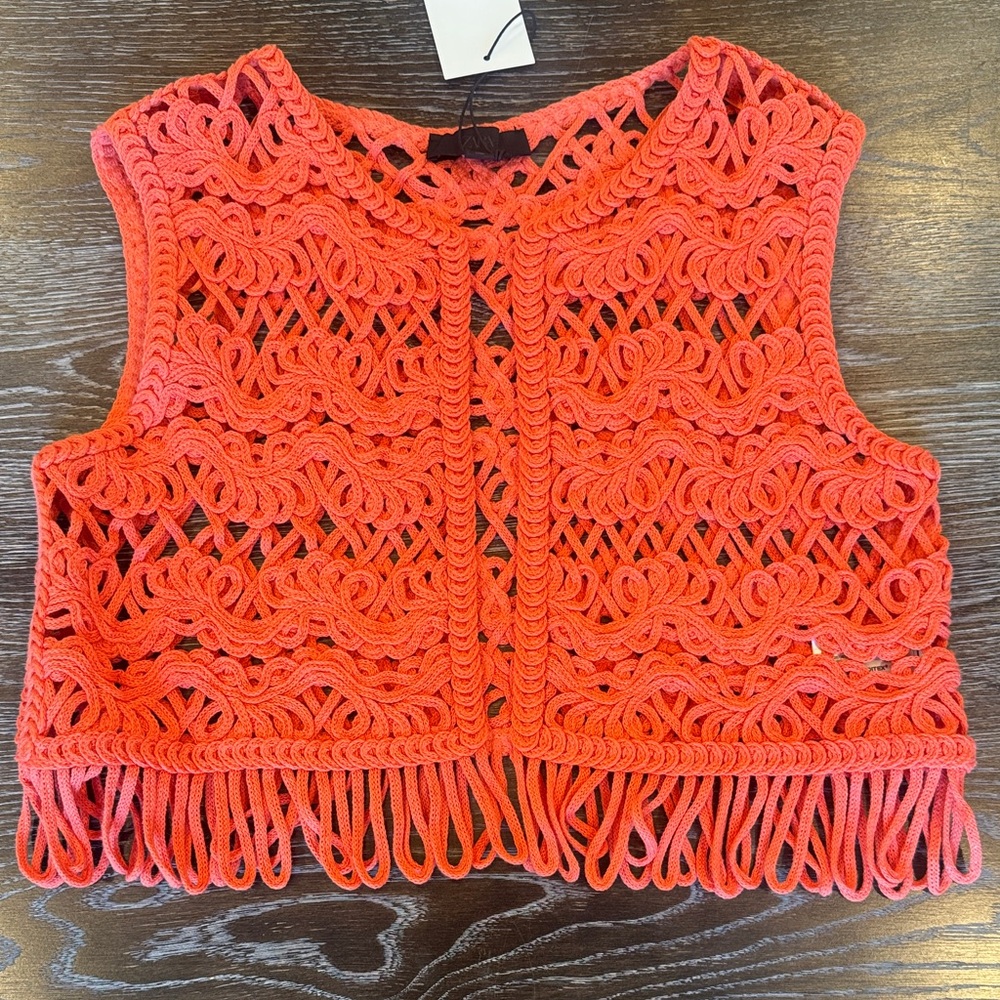 NWT Zara Crocheted Vest Fringe Orange Size M